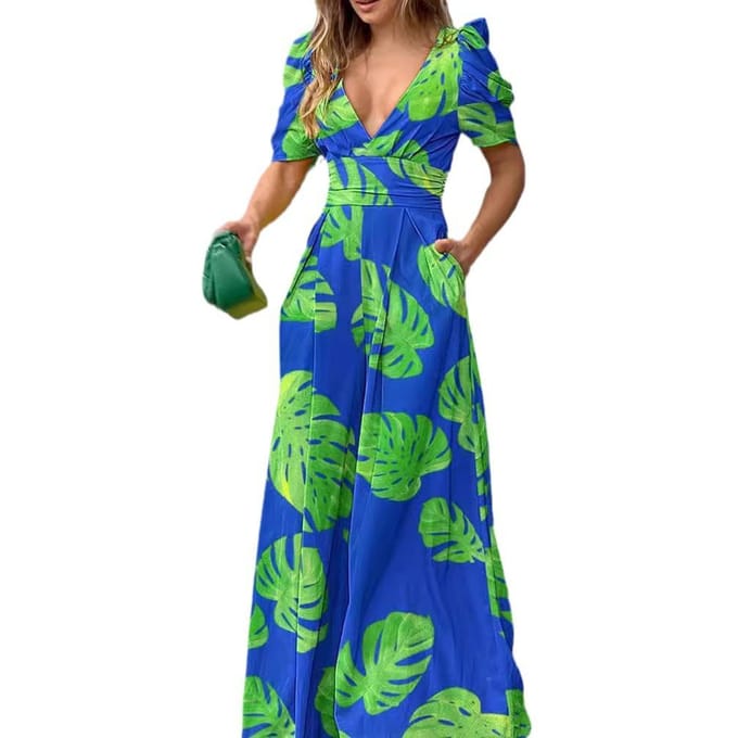 Dames Gedrukte V-Hals Taille Korte Mouw Jurk S blue