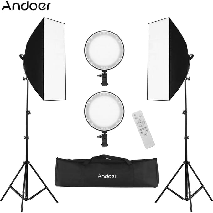 Kit Lumière LED Softbox de Photographie de Studio Professionnel Andoer Incluant Softboxes 50*70cm * 2 + 45W EU Plug black