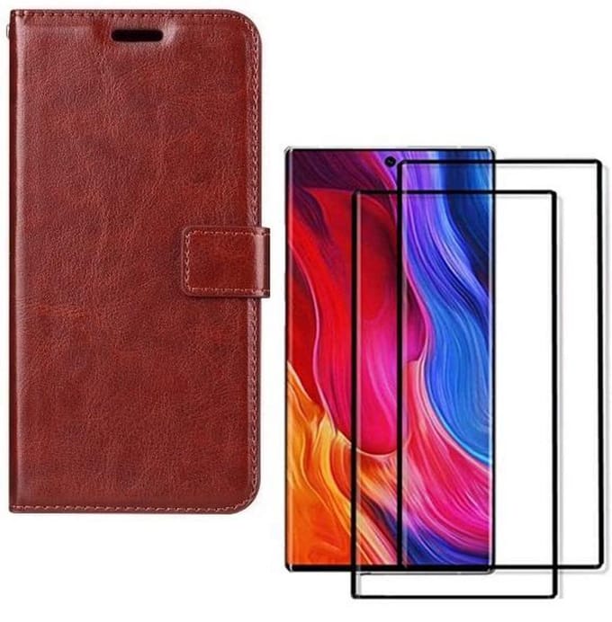 hoesje Geschikt voor: Samsung Galaxy Note 10 Plus Portemonnee bruin met 2 stuks Glas Screen protector