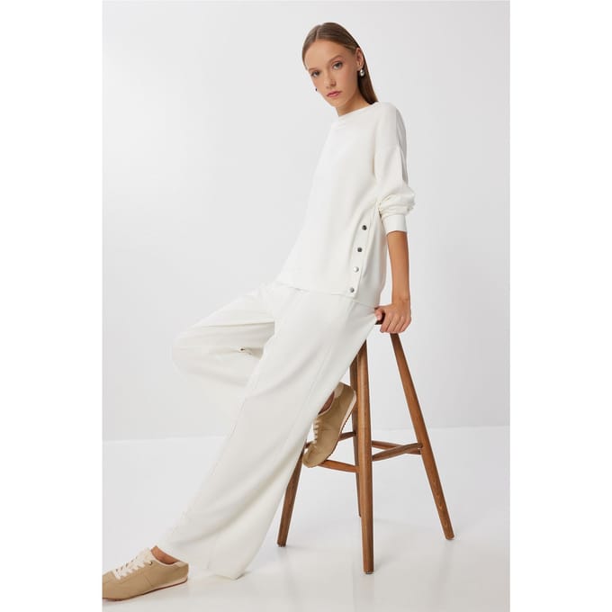 Lange Wijde Pantalon Twee-Delige Set met Ronde Hals