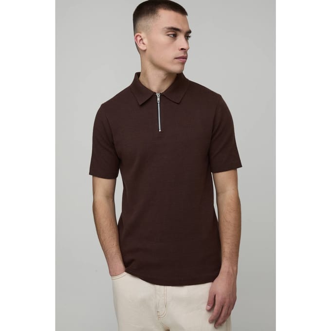 Essential Muscle Fit Soft Touch 1/4 Zip Knitted Polo T-Shirt | Chocolate | Size Medium