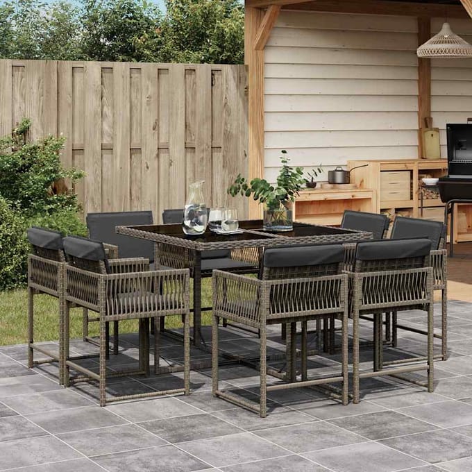 vidaXL - 9-delige - Tuinset - met - kussens - poly - rattan - grijs
