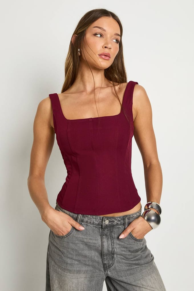boohoo Dames Gestructureerde crepe corsettop | Bordeaux Rood | Maat: 34