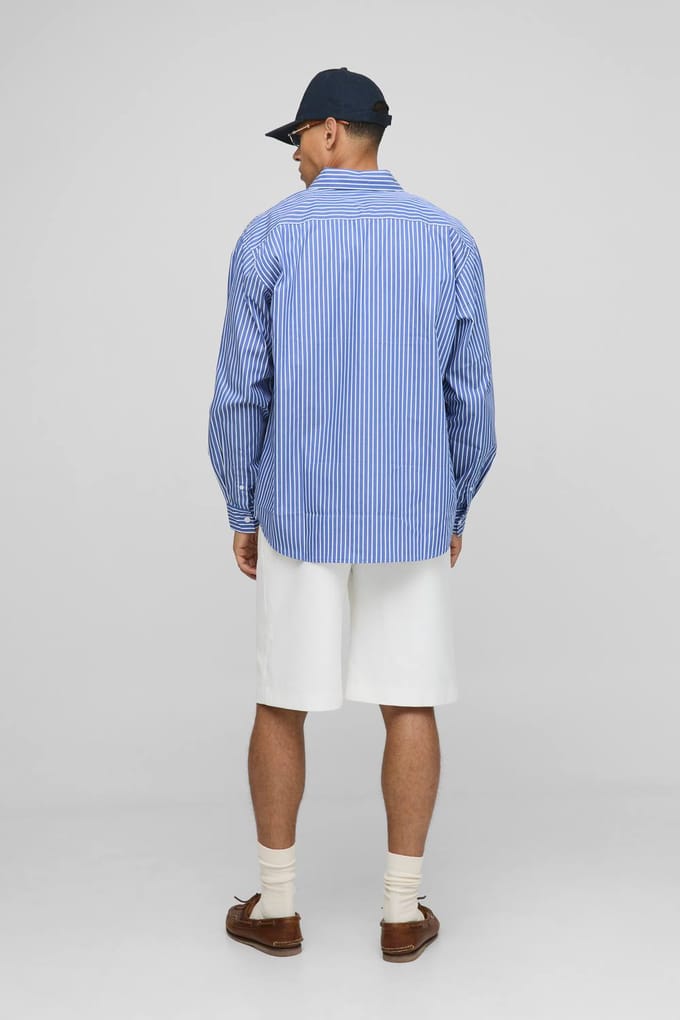 Super Oversized Geborduurd Gestreept Kraaghemd | Blue | Size Medium