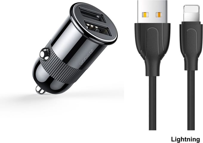 Joyroom 3.1A autolader Snellader - 2 USB-A poorten inclusief Lightning kabel - Zwart