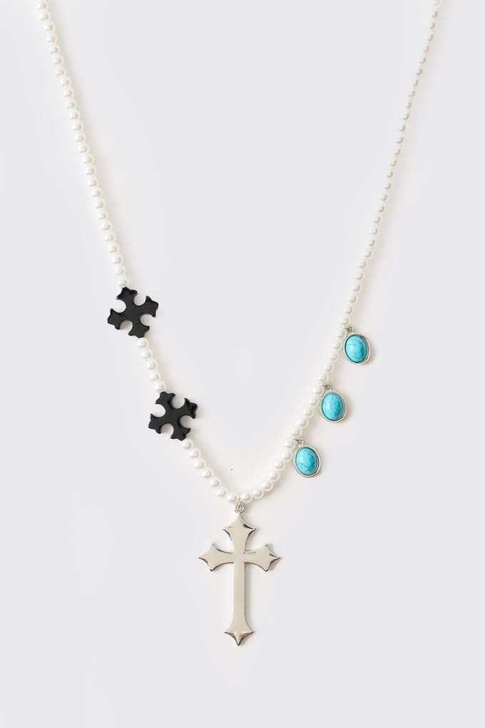 Faux Pearl Necklace with Black Cross and Teal Gemstones