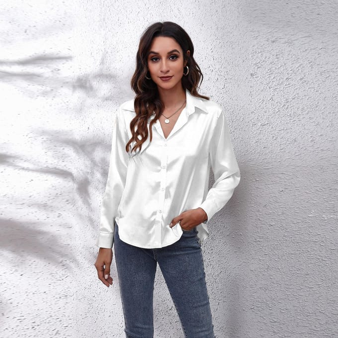 Chemise en soie pour femme Chemise à manches longues en imitation satin de soie M blanc