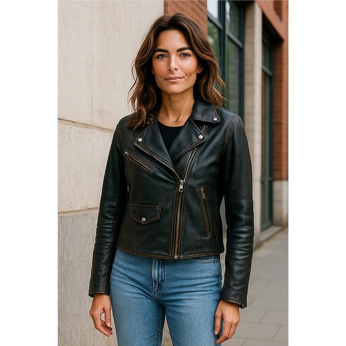 Vintage zwarte klassieke Brando biker leren damesjack - Soweto