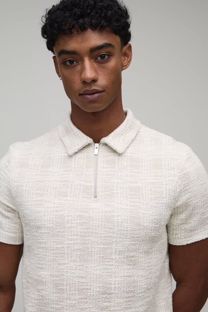 Slim Fit Bouclé Geruit Polo & Shorts Set Met Rits | Stone | Size Medium