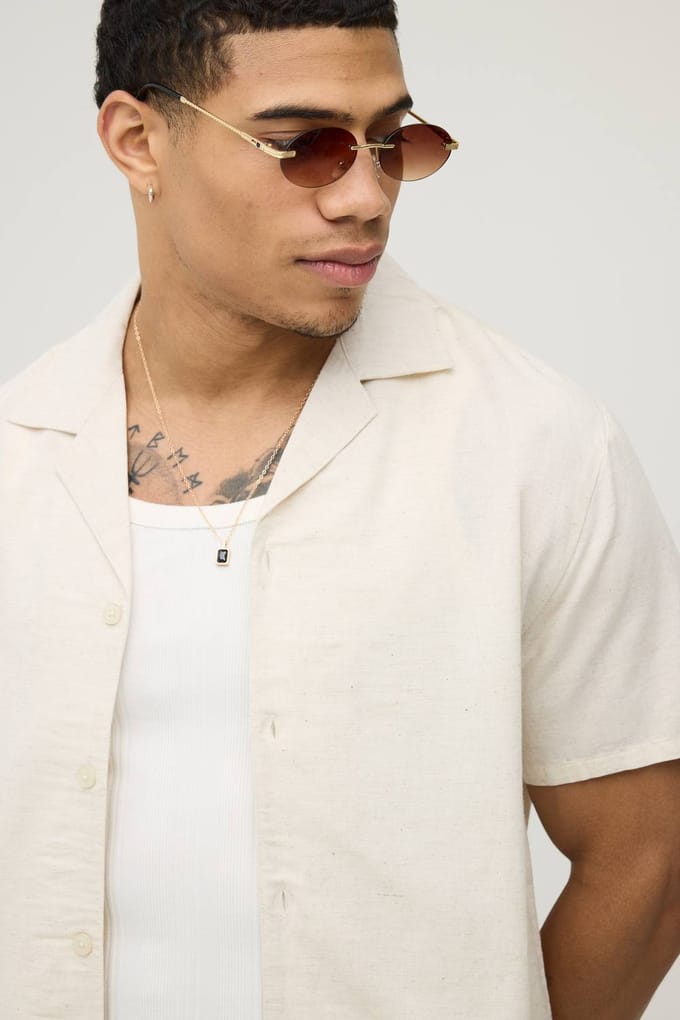 Regular Fit Linnen Blend Overhemd Met Korte Mouwen | Natural | Size 2XL