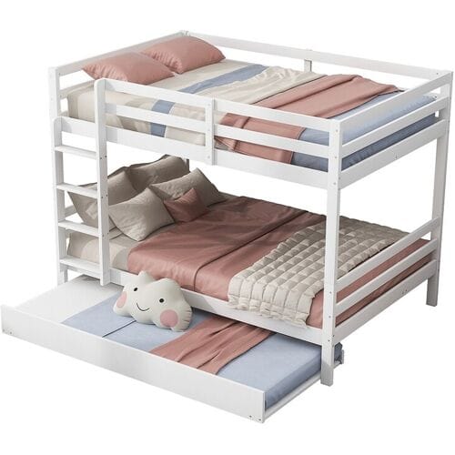 Merax Stapelbed 2 x 140 x 200 cm met uitschuifbed 90 x 200 cm - leuning en trap - MDF-hout - wit