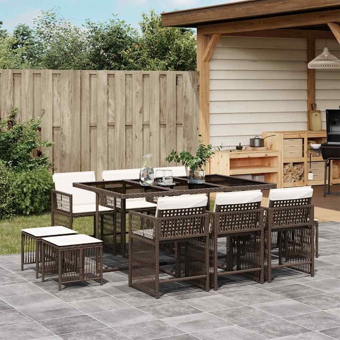 vidaXL - 11-delige - Tuinset - met - kussens - poly - rattan - bruin