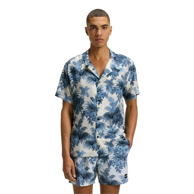 Boss Heren Gebloemd Normaal Overhemd Met Korte Mouwen (Blauw)