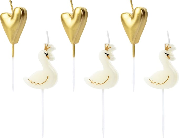 PARTYDECO - 6 Kaarsen op witte en gouden zwanen en harten 3,5 - 4 cm