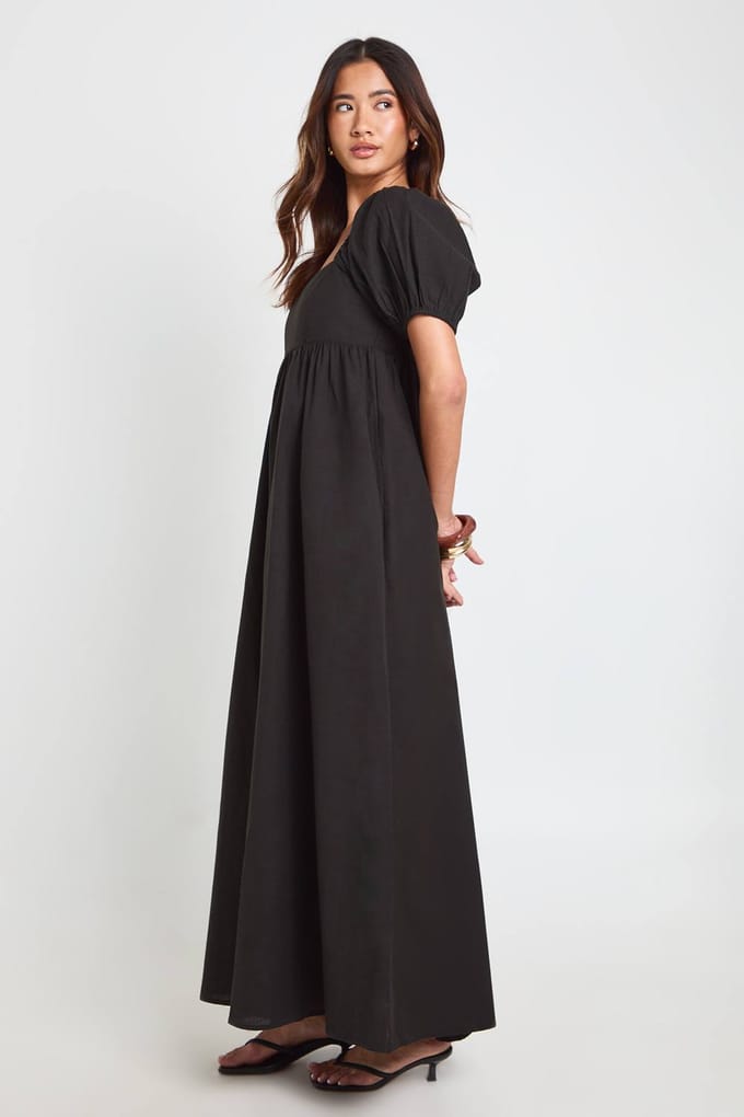 boohoo Dames Linnen Pofmouw Gesmockte Maxi Jurk | Zwart | Maat: 36