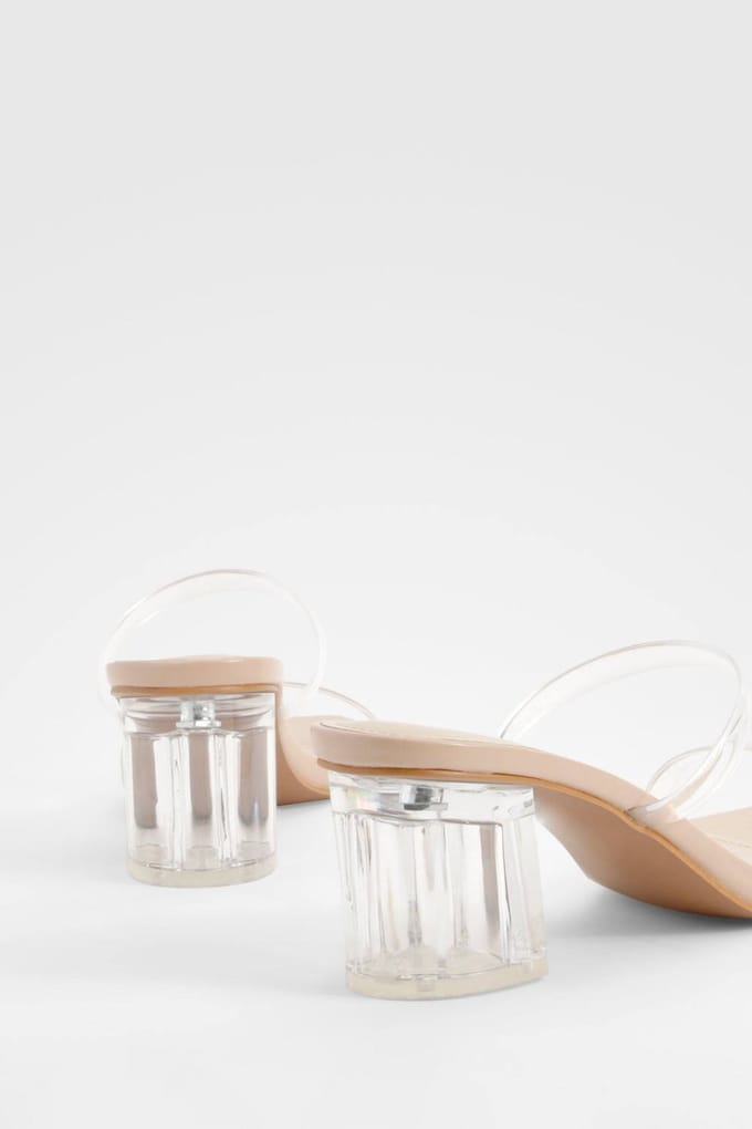 boohoo Dames Wide Fit Clear Low Block Heeled Mules | Nude | Maat: 39