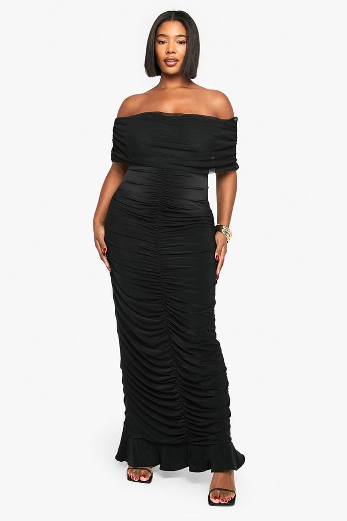 boohoo Dames PLUS MESH BARDOT GERUCHED MAXI-JURK | Zwart | Maat: 56