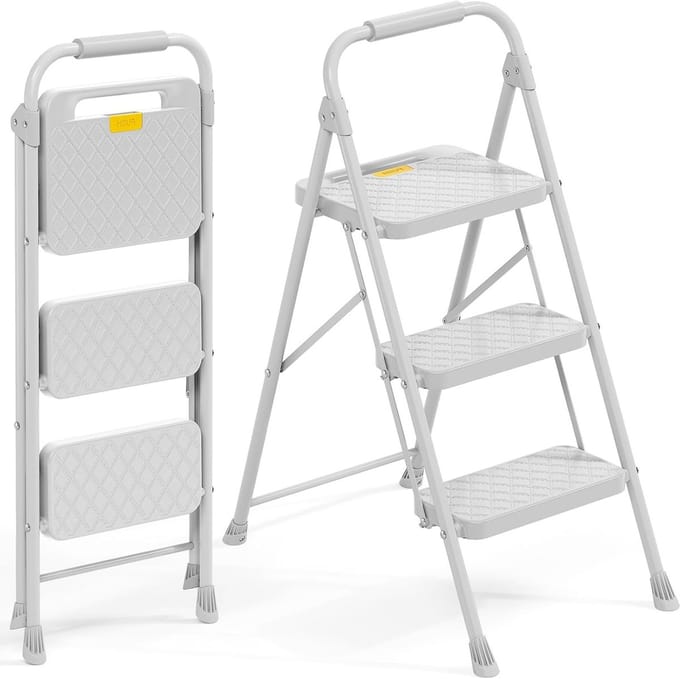 Inklapbare Trapladder - Huishoudladder Opstap - Veilig Klussen - Comfortabele Leuning - 3 Treden - Grijs