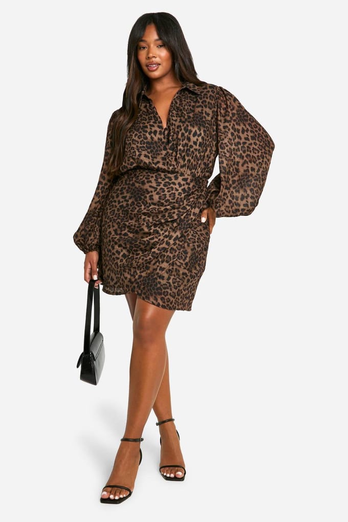 boohoo Dames Plus Luipaardprint Blouson Mouw Wikkeljurk | Leopard | Maat: 28