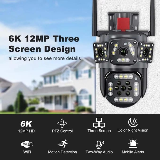 Buiten WiFi Camera Multi-Lens Drie Schermen AI Bewegingsdetectie IP Camera PTZ 360° Beeld Beveiliging Videobewaking 12MP 6K AU Plug