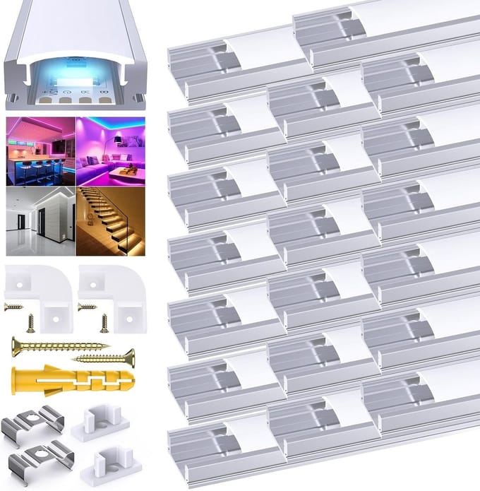 LED Aluminium Profiel 1 m U-vorm voor LED Strips tot 12 mm - 20 Stuks met Melkwitte Deksel, Diffusers, Eindkappen en Montageclips