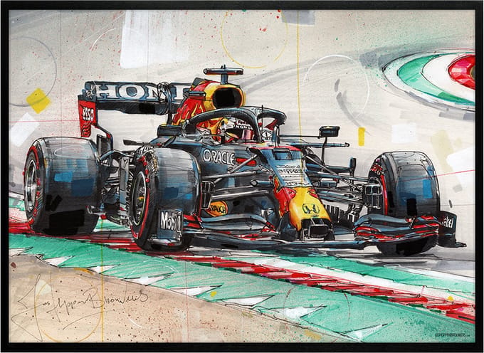 Verstappen race auto print 71x51 cm vullend *ingelijst & gesigneerd