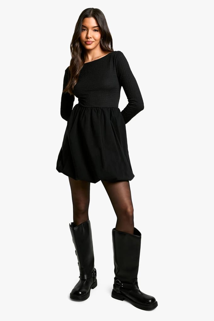 boohoo Dames Texture Lange Mouw Volume Rok Mini Jurk | Black | Maat: 10