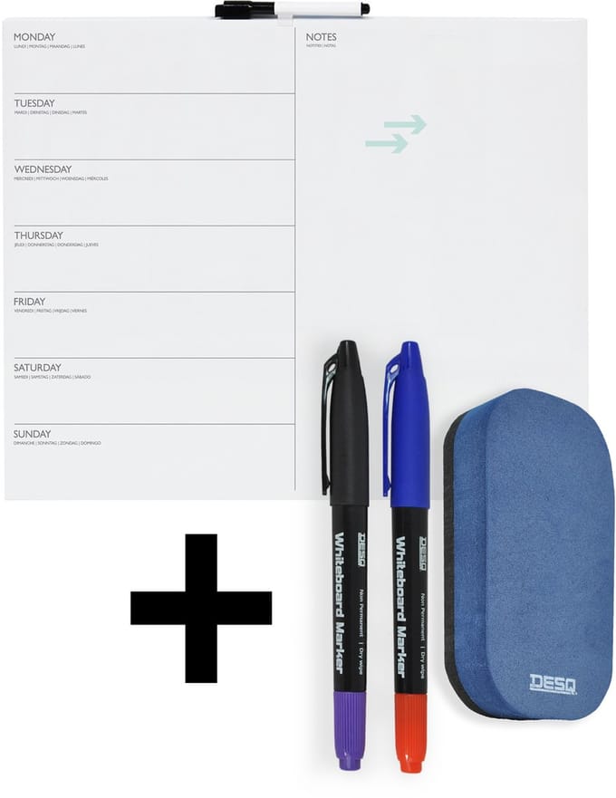 DESQ® Weekplanner met Stiften en Wisser - Whiteboard - Frameloos - Magnetisch - Droog Uitwisbaar - Verticale indeling - 40 x 50 cm