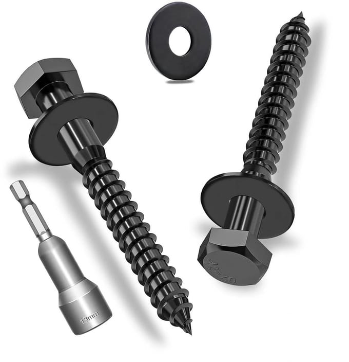 12x M8 x 60 mm Zeskant Houtschroeven met Sluitringen, Zwart RVS A2V2-DIN571