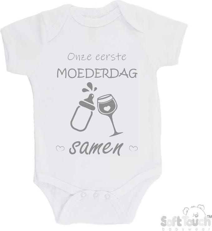 100% katoenen Romper "Onze eerste moederdag samen" Unisex Katoen Wit/grijs Maat 62/68