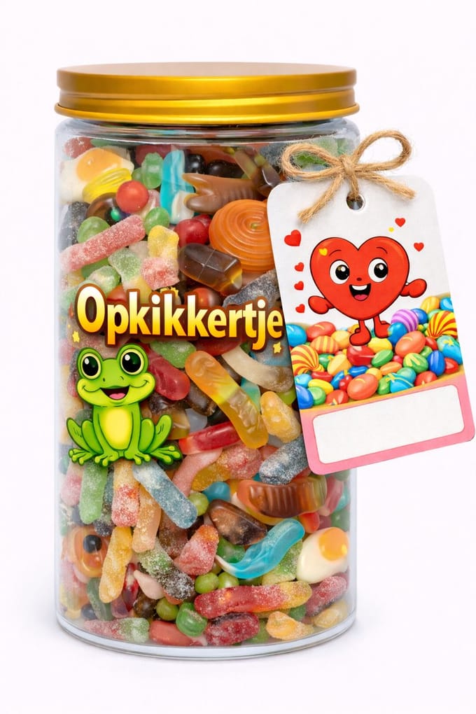 Luxe glazen Snoeppot 1250 ml – "Opkikkertje"