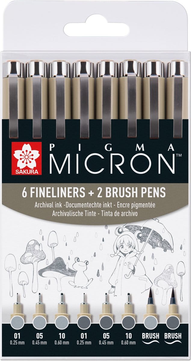 Fineliner sakura pm 6 breedtes en 2 brushpen grijs | 6 stuks