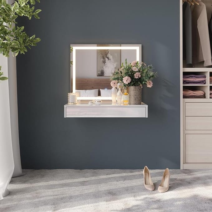 Kaptafel met licht - Make-up tafel - Make-up routine - Modern design - 80 cm breed - Wit hoogglans