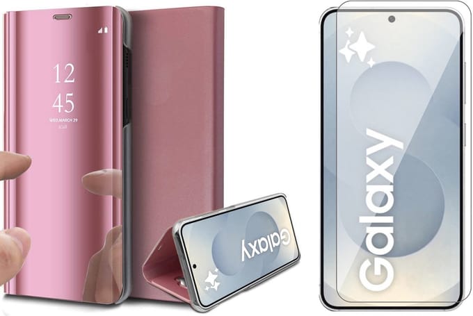 Hoesje geschikt voor Samsung Galaxy S25 - Screenprotector Glas - Spiegel Book Case Rosegoud