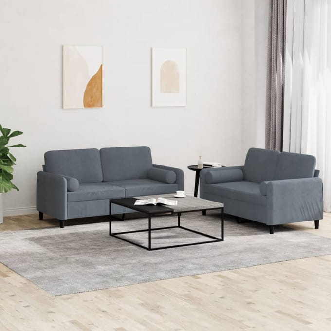 vidaXL - 2-delige - Loungeset - met - kussens - fluweel - donkergrijs