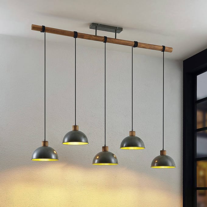 Lindby - Hanglamp - 5lichts - Hout, ijzer - E27 - Natuurlijk hout, donkergrijs