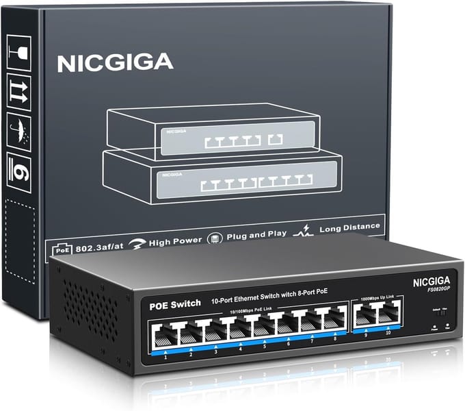 8-poorts PoE-switch met 100 Mbps PoE+ en Gigabit Uplink-poorten