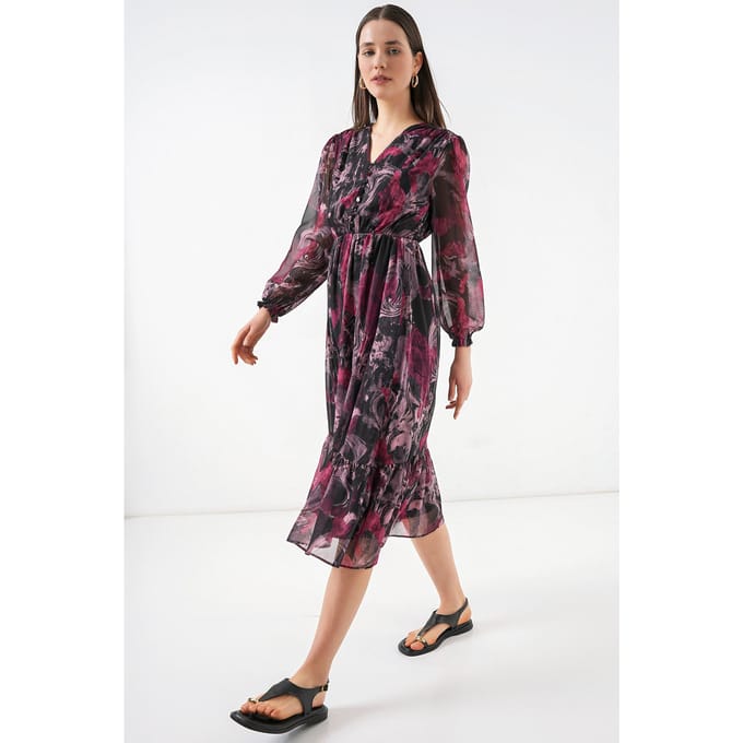 V-hals Midi-jurk met knoopsluiting