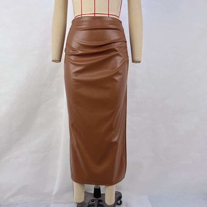 Dameskleding, Herfst en Winter Nieuw Effen Kleur PU Hoge Taille Geplooide Split Rok, Damesrok XL black
