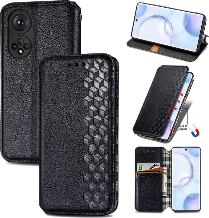 Luxe PU Lederen Ruitpatroon Wallet Case + PMMA Screenprotector voor Honor 50 _ Zwart