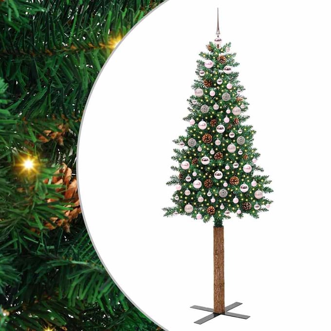 vidaXL - Slanke - Kerstboom - Groen - 210 - cm - PVC - en - massief - dennenhout