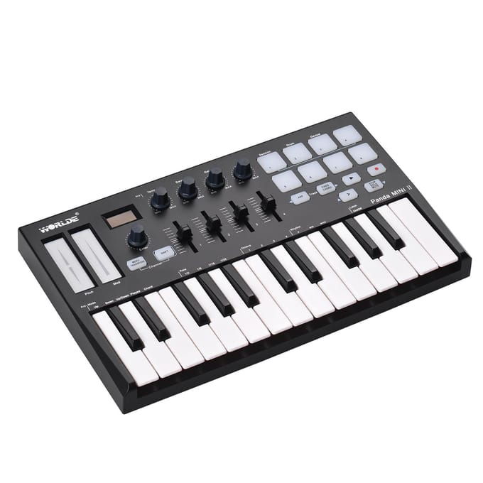 WORLDE Panda MINI II draagbare 25-toetsen USB MIDI-toetsenbordcontroller met 8 RGB-verlichte triggerpads 4 white