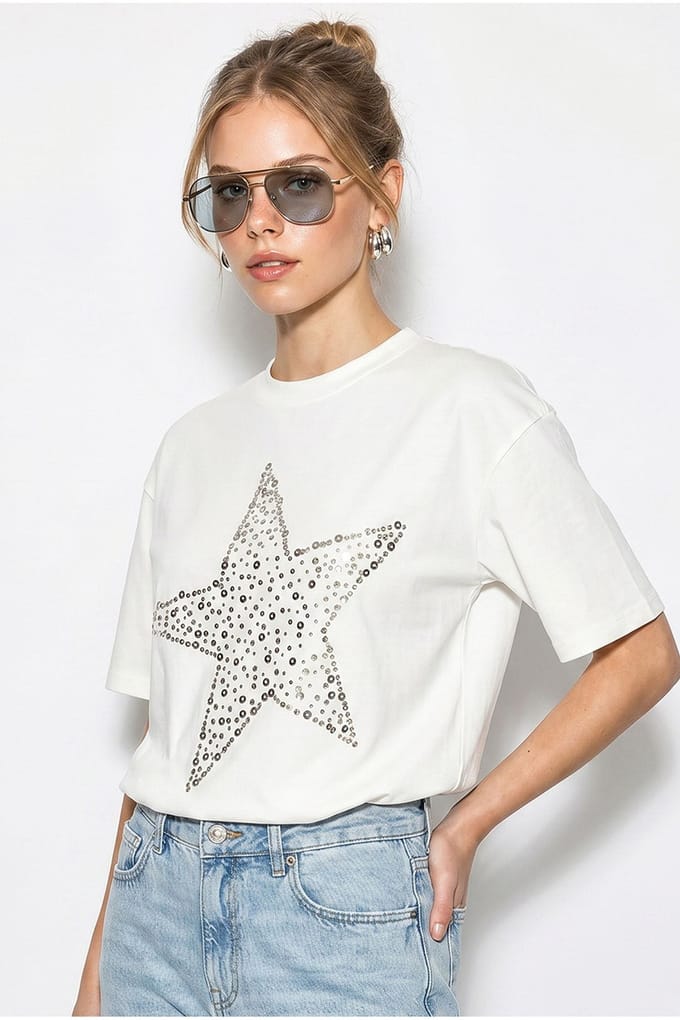 Oversized Katoenen Ster Pailletten T-Shirt
