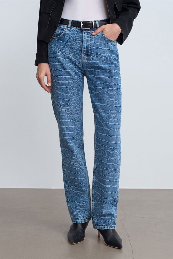 Hoge Taille Rechte Jeans met Textuur