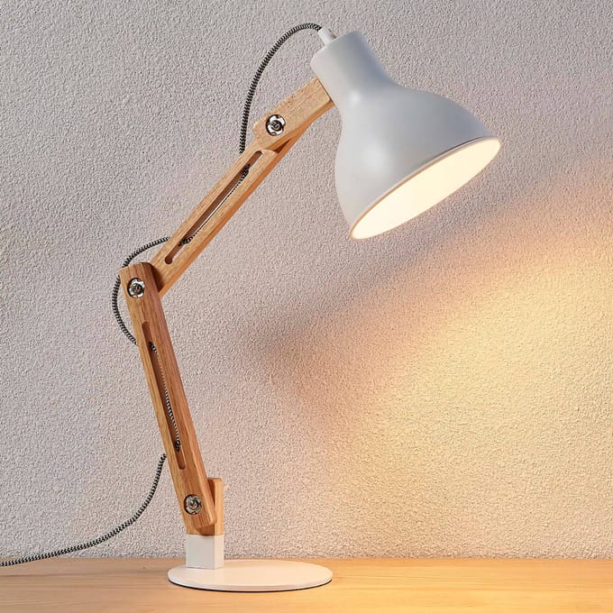 Lindby - bureaulamp - 1licht - metaal, essenhout - H: 46 cm - E27 - wit, essenhout
