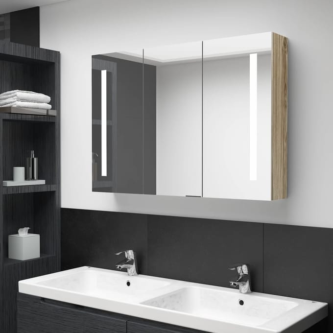 vidaXL - Badkamerkast - met - spiegel - en - LED - 89x14x62 - cm - eikenkleurig