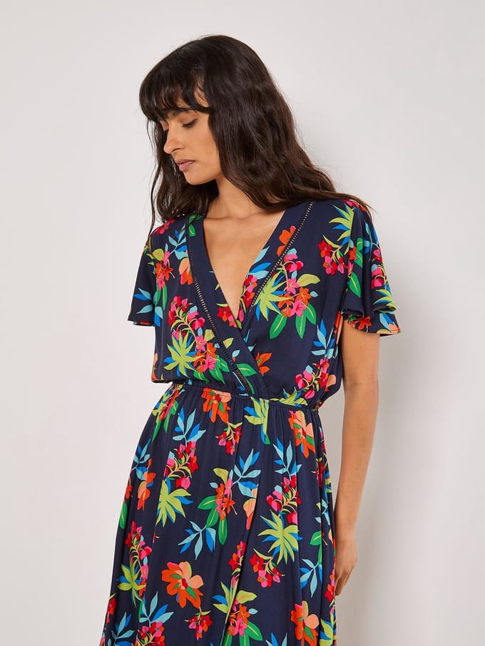Tropical Print Wrap Maxi Dress