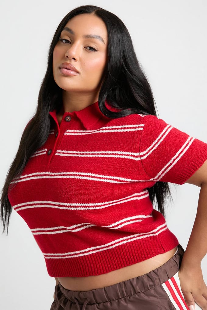 boohoo Dames PLUS Kraag Detail Gestreepte Gebreide Top | Rood | Maat: 46