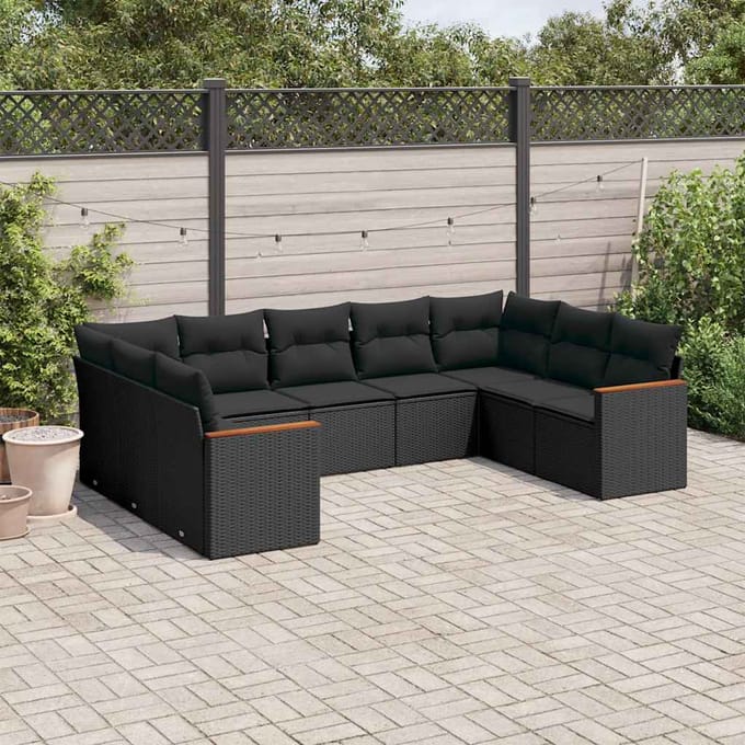 vidaXL - 9-delige - Loungeset - met - kussens - poly - rattan - zwart
