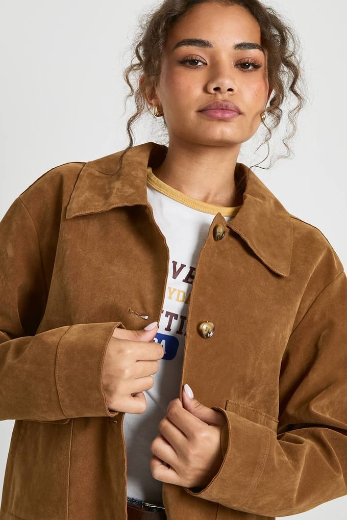 boohoo Dames Jas met kraag en knopen in suede-look | Tan | Maat: 44